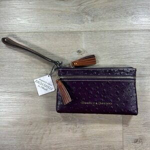 NWT Dooney & Bourke Ostrich Double Zip Purple Eggplant Wristlet
